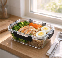 JORDAN&JUDY zwarte snap lock vershouddozen, 10 delige set, hoogwaardig borosilicaatglas (1040 ml x 5 + 370 ml x 5), luchtdichte deksels, lunchboxset voor kantoor