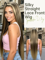 ANYTIME Lange Rechte Synthetische Haarpruik voor Dames, 28 Inch 13x4 Transparante Lace Front Bruine Basis Platina Blond Balayage Highlight Haarpruik met Middenparting Realistische Hoofdhuid, Hittebestendige Haarpruik voor Dagelijks Gebruik en Feesten