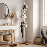 Kapanou vrijstaande houten kapstok voor hal, rustieke kapstokstandaard met opbergplateau, 7 haken voor hoed, handtas, jas, paraplu en accessoires, houtbruin/zwart