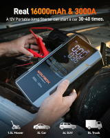 WOLFBOX 3000 A jumpstarter met luchtcompressor, 59,2 Wh & 160 PSI draagbare auto accu jumpstarter met 65 W snelladen, 12 V accupack (geschikt voor 8 L gas  en 6 L dieselmotoren), met boost, licht en startkabels
