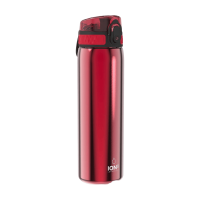 ION8 lichtgewicht stalen waterfles, 600 ml/20 oz, niet geïsoleerd, lekvrij, eenvoudig te openen, veilige vergrendeling, vaatwasserbestendig, flip dop, past in bekerhouders, draaggreep, metalen waterfles, metallic rood