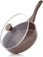 SENSARTE antiaanbakkoekenpan/wok, 12 inch koekenpan met deksel, koelblijvende handgreep, voor gezond koken, geschikt voor inductie, PFOA vrij (toffeebruin)