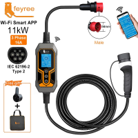 Feyree draagbare type 2 EV oplader 11 kW 16 A 3 fasen, wifi app, Bluetooth versie, EVSE adapter, oplaadkabel 5 m, CEE stekker, voor elektrische auto’s