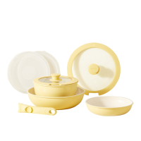 Redchef 8 delig keramisch pannenset met afneembare handgreep, geel & wit, inclusief 20 cm sauspannen, 20 cm pannen en 26 cm wokpan, PTFE/PFAS/PFOA vrij, vaatwasserbestendig