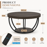 LANTINE ronde salontafel, 80 cm houten 2 laags ronde salontafel met opbergschappen, moderne accenttafel/cocktailtafel/centrale tafel voor woonkamer, grijs