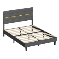 JOYFURNOS bedframe, tweepersoonsbed, geschikt voor een matras van 140 x 200 cm, verstelbare gestoffeerde hoofdbord, van metaal, massief hout, modern, grijs
