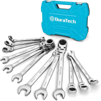 DURATECH 12 delige flexibele rachetmoersleutelset, 8 19 mm, Cr V staal | 180° flexibel ontwerp, 72 tandige rachet, chrom vanadium staal, 12 punts kopsleutel, 5° draaihoek, metrische maten, opbergkoffer