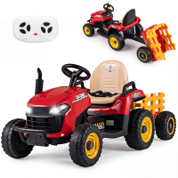 24 V elektrische tractor met aanhanger, 2,4 GHz afstandsbediening en claxon   Elektrische tractor voor kinderen   Rood