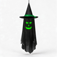 Halloween Decoratie voor Binnen en Buiten, 2 Stuks Hangende Geesten Decoratie met Licht, Spookachtige Zwiepende Heksenhoed Geesten voor Halloween Decoratie, Perfect voor Tuin, Terras, Garten, Boom