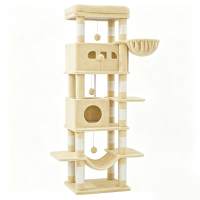 Halupeit versterkte krabpaal | 8 natuurlijke sisalpalen, dubbele kattenhuisjes & hangende hangmat, geschikt voor alle kattenrassen & huishoudens met meerdere katten, beige