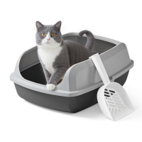 JOYFURNOS Kattenbak met hoge randen, XL open kattenbak met schep, voor kittens en grote katten, grijs