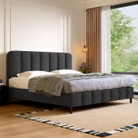 GTIMEX Gestoffeerd bed 212,5 x 145 x 110 cm met lattenbodem, Statische draagcapaciteit: 390 kg, Tweepersoonsbed met gewatteerd hoofdbord, Eenvoudige montage, Stevig frame en hoogwaardige linnenstof, Donkergrijs
