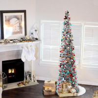 1 Stuk 150 cm / 60 inch opvouwbare kunstkerstboom met tinsel en standaard, hoog model voor huisdecoratie (meerkleurig)