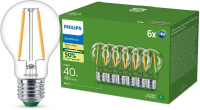 Philips UltraEfficient ledlamp, transparant   40 W   E27 fitting   warm wit licht, 2700 K   ultra efficiënt: energielabel A   verpakking van 6