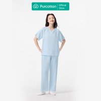 Purcotton Dames Airysoft Hydrofiele Katoenen Loungewear Set   Lange Broek Stijl, Huidvriendelijk, Rustgevende & Casual Stijl   Puur Blauw   Top: 160/84 A; Onderbroek: 160/68 A
