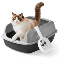 JOYFURNOS Kattenbak met hoge randen, XXL open kattenbak met schep, voor kittens en grote katten, grijs