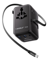 MOMAX 1 World²+ 70 W GaN Universele Reisadapter met Dubbele AC stopcontacten & Ingebouwde Oplaadkabel