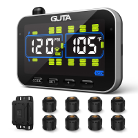 GUTA bandenspanningscontrolesysteem voor campers/aanhangwagens met 8 sensoren, 0 188PSI real time monitoring, 6 alarmen, LCD kleurenscherm, repeater, langeafstandscommunicatie, ondersteunt maximaal 24 banden, GT20C+8GS02+GB30