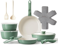 Redchef 16 delige keramische kookgereiset met afneembare handgrepen, Buiten groen & binnen wit, Inclusief 18 cm/20 cm steelpannen & 20 cm/26 cm pannen & afneembare handgreep & kookmat, PTFE/PFAS/PFOA vrij, Vaatwasmachinebestendig