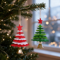 2 Stuks kerstornamenten in kerstboomvorm van vilt met belletje, vintage boho decoratie voor kerstboom, huis en doe het zelf kerstfeest