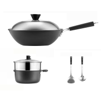 COOKER KING pannenset   4,5 l gietijzeren wok voor roerbakken + 3 l aluminium soeppan + 304 roestvrijstalen stoompan + 2 spatels