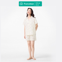 Purcotton dubbellaagse gaas loungewear set voor dames   gebroken witte basis met paarse strikprint   comfortabele huidvriendelijke rustgevende luie stijl   top: 160/84A; broek: 160/68A