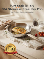 PURE COOK Tri Ply 304 roestvrijstalen koekenpan zonder deksel afneembare siliconen handvatten met brandbeveiliging spiegelglanzende buitenkant geborstelde binnenzijde elegante metallic look 1 2 personen dagelijks koken keukengerei huishouden geschikt voor