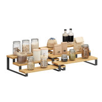 JOYFURNOS kruidenrekset van 2, uitschuifbare 3 laagse keukenkastorganizer met stapelbare bamboe planken en stevig metalen frame, 32 x 24 x 11,5 cm en 32 x 24 x 9,5 cm twee maatopties, past bij verschillende kasthoogtes, ideaal voor kruiden, potten, blikke