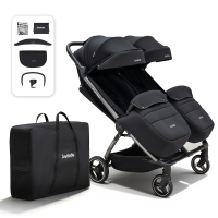 Jovikids Ayla Twins dubbele kinderwagen, met één hand opvouwbaar, schokabsorberend, lichtgewicht aluminium, compact, vanaf de geboorte tot 4 jaar, alle terrain wielen, regenhoes, voetwarmte, opbergtas, bekerhouder, zwart)