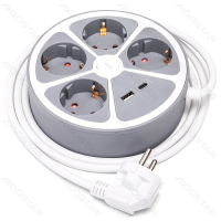 Aigostar stekkerdoos met snoer/duits 4 voudig/3G1.0Mm2/1,5 m/USB(1A1C)/met schakelaar/schijfvormig/wit en grijs/PP