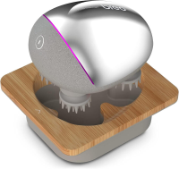 Breo draagbare mini oplaadbare hoofdhuidmassaager, IPX7 waterdicht, ontspannen hoofdhuid, met bamboe houten oplaadbasis en uitwisselbare massageknooppunt (inclusief basis, zilver)