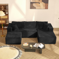 Joyic 272 cm U vormige zitbank zonder armleuning met ottomane, Corduroy, ZwartGeen montage vereist, Diep zitontwerp, Zachte corduroy bekleding, Flexibele modulaire indeling