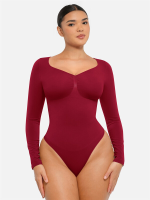 Feelingirl naadloze langarm buikverstevigende thong bodysuit   donkerrood, maat M