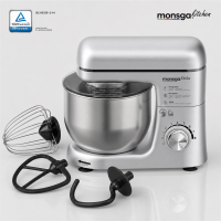 MONSGA SM100 keukenmachine, 1000 W piekvermogen, zwart/zilver, 5,0 L roestvrijstalen mengkom, stil, met garde, super antiaanbak teflon deeghaak (260 °C hittebestendig), garde opzetstuk & spatbescherming, 8 snelheidsstanden