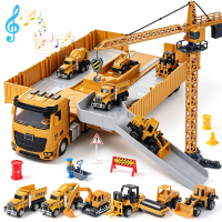 Frictie aangedreven muzikale containervrachtwagenset (wordt geleverd met 6 bouwvoertuigen van metaallegering, kraantoren van metaallegering, katapultfunctie, muziekknoppen en accessoirepakket voor bouwplaatscène)