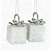 2 Stuks gevlokte witte geschenkdoos hangende ornamenten, hangende decoratie voor kerstboom, verzamelcadeau, buiten tuin hek terras decoratie