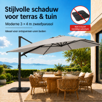 3 X 4 m Donkergrijs Zwevend Parasol, 360° Draaibare Zijmast, Kantelbaar Links/Rechts, Volledig Aluminium Frame, 280 g/m² Garengekleurd PA Stof, Inclusief Kruisvormige Basis