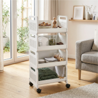 Keukentrolley met 4 niveaus, keukenrek, stalen frame, 360° rubberen wielen met rem, glad geverfd, roestvrij, handvat, verzonken plank op wielen, ideaal voor keuken, badkamer, kantoor, woonkamer