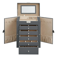 JOYFURNOS sieradendoos met 6 lagen, sieradencassette met 5 lades, grote opbergruimte, met spiegel, afsluitbaar, sieradenorganizer, cadeau voor dierbaren, voor horloges, grijs