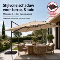 3 × 4 M zweefparasol, taupe, 360° draaibare terrasparasol met zijpaal, links en rechts kantelbaar, volledig aluminium frame, 280 g/m² in de massa geverfde stof met PA coating, inclusief kruisvoet