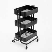 Premium 3 laags metalen opwielbare opbergwagen, Robuuste gaas utiliteitsorganizer met vergrendelbare zwenkwielen, Multifunctionele mobiele stellingkast voor badkamer, keuken, salon – Zwart