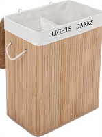 JOYFURNOS 100 L Wasmand Bamboe Opvouwbare Wasbox met 2 Vakken   52 x 63 x 32 cm