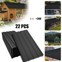 22 Delige trapezium geprofileerde metalen plaatenset, totale dakafdekking 10,12 m², hoog draagvermogen 0,25 mm gegalvaniseerde stalen panelen met voorgeboorde gaten. Elke plaat 108×43 cm, wordt geleverd met bevestigingsschroeven, zwart, ideaal voor tuinho
