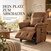 KAUFHOF Elektrische relaxfauteuil met 2 motoren, bruin corduroy | Elektrische relaxfauteuil met onafhankelijk verstelbare rugleuning & voetensteun, 95°–175° kantelbaar, vergrendelbare wielen & 2 zijvakken