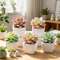 5 Stuks 2,8 in/7 cm kunstmatige vetplanten in potten, nepvetplanten, kleine nepplanten in pot, mini nepplanten in witte potten, bureauplant voor thuis, badkamer, kleine ruimtes