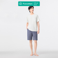 Purcotton Heren Verkoelende Zijdezachte Katoenen Top & Gaasbroekje Loungewear Set   Koel en Ademend   Hydraterend en Glad   Zomer Thuis   Blauwe Strepen   Top: 185/104 A; Onderbroeken: 185/92 A