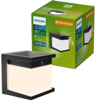 Philips Diara Solar wandlamp   Zonne energie   Warmwit licht: 2700K   Zwart   Twee lichtstanden   Schemersensor   Bewegingssensor   IP44: weerbestendig   Solar buitenverlichting