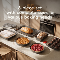 PURE COOK Koolstofstalen antiaanbak bakpannenset professionele kwaliteit bakgerei siliconenhars antiaanbaklaag FDA conform stapelbare bakplaat robuust ovenbestendig tot 450 °F alleen handwas grijs 8 delig