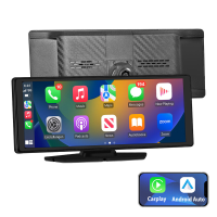Junsun 10,26 inch dashcam, draadloze dashcam met ondersteuning voor Apple CarPlay en Android Auto, voorzien van GPS navigatie, IPS touchscreen, Bluetooth audio, AUX aansluiting, wifi en FM radio
