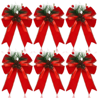 6 Stuks 15 cm kerstboogjes met dennenappels en dennenbladeren, fluwelen kerstboogjes met lint, decoratie voor kerstboom en kerstkrans, voor kerstfeesten, binnenshuis en buitenshuis, knutselwerk, doe het zelf decoratie (rood)
